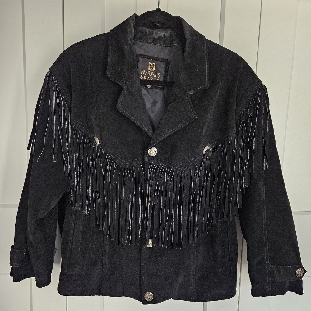 Vintage Byrnes & Baker Black Suede Leather Fringe Jacket, Size M